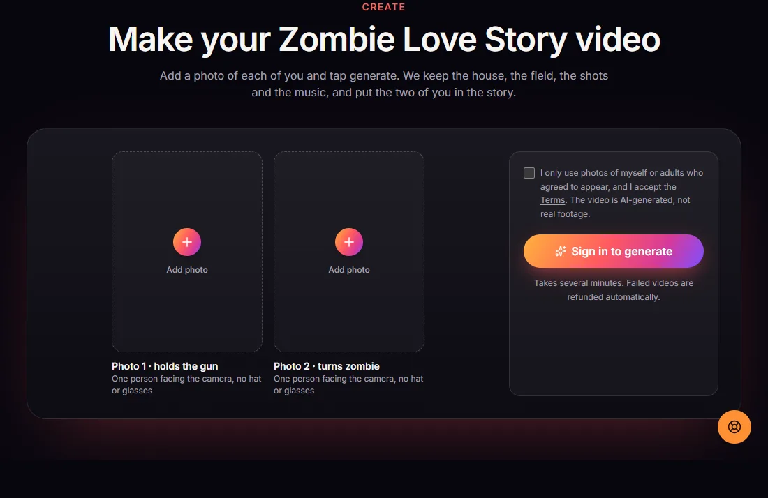 The Zombie Love Story AI generator before signing in