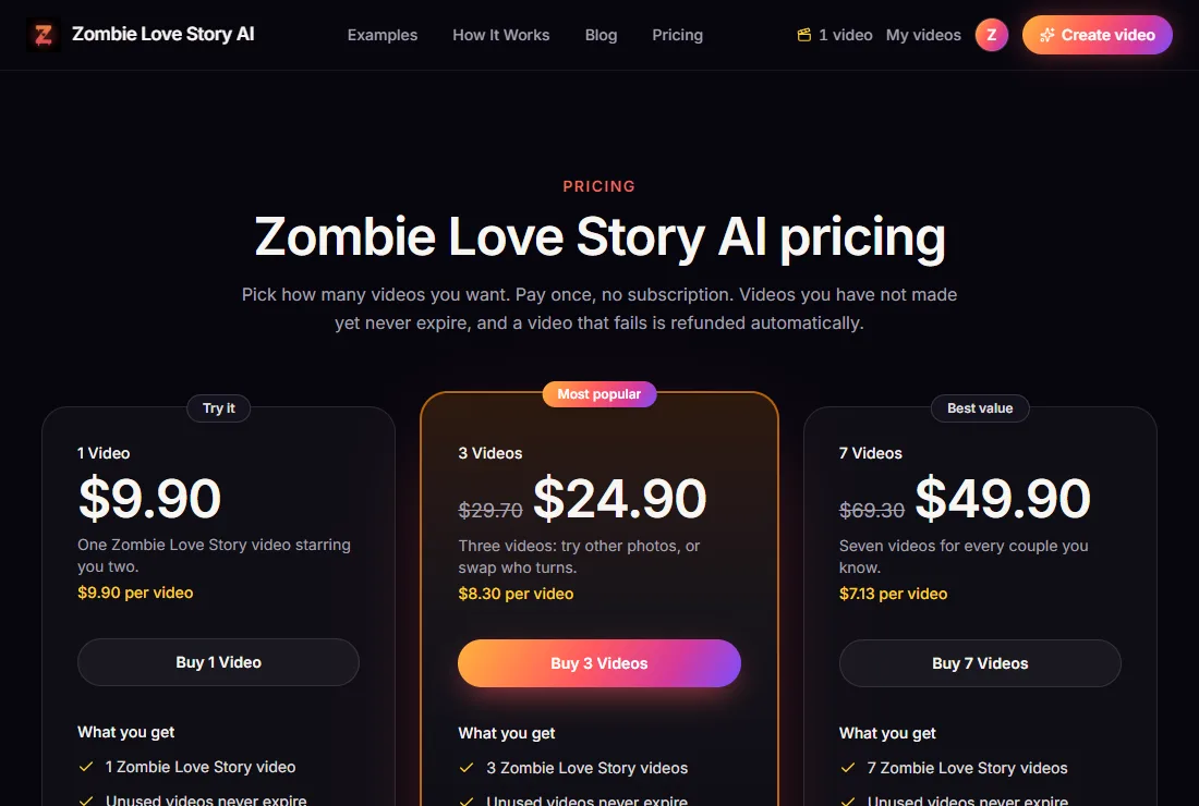 Zombie Love Story AI video packs on the pricing page