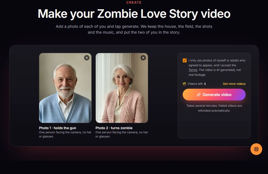 Two photos added to the Zombie Love Story AI generator